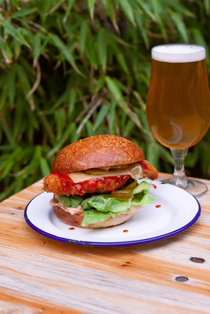 Fried chicken burger and beer