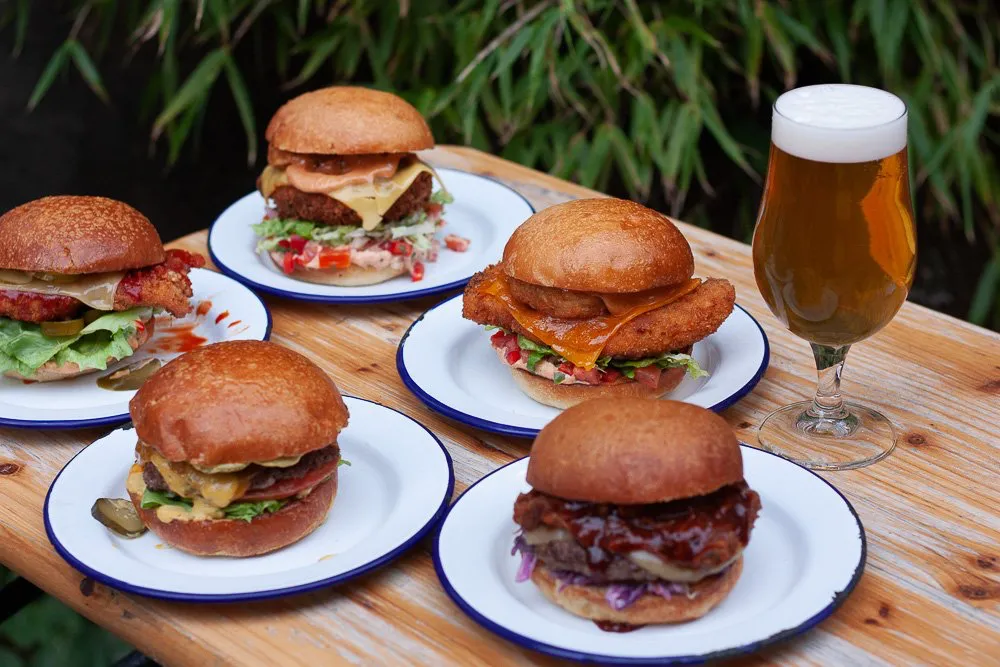 Spread of Salt Horse burgers and beer